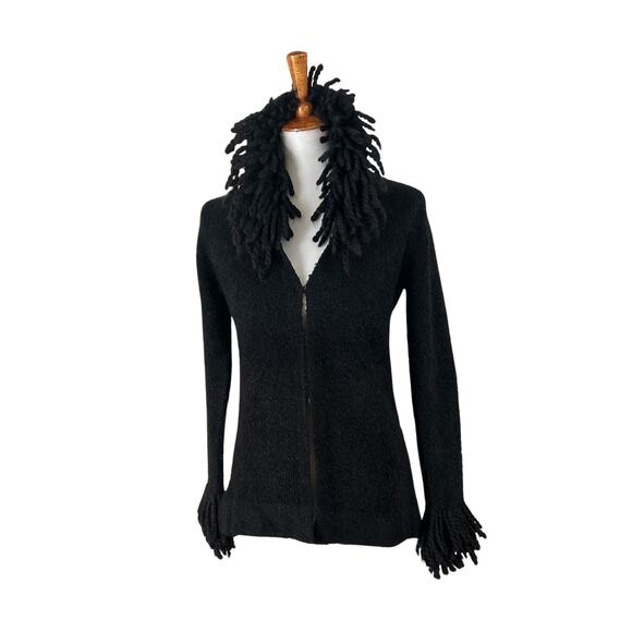 Vintage 70s/80s Black Bouclé Fringe Cardigan Sweater – Dramatic Collar & Cuffs - Picture 1 of 7